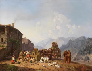 Heinrich Bürkel en la fuente del pueblo en las montañas italianas
